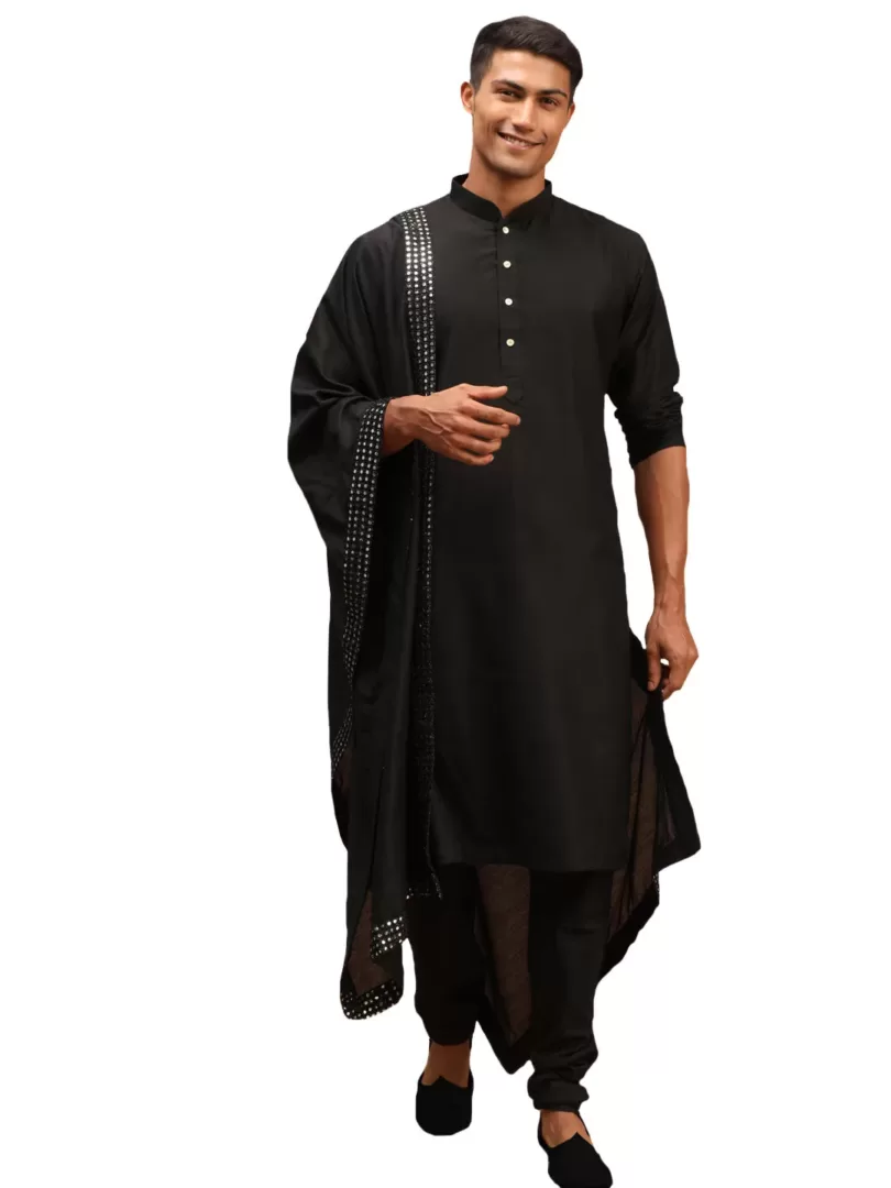 Men's Black Viscose Kurta, Pyjama & Dupatta Set