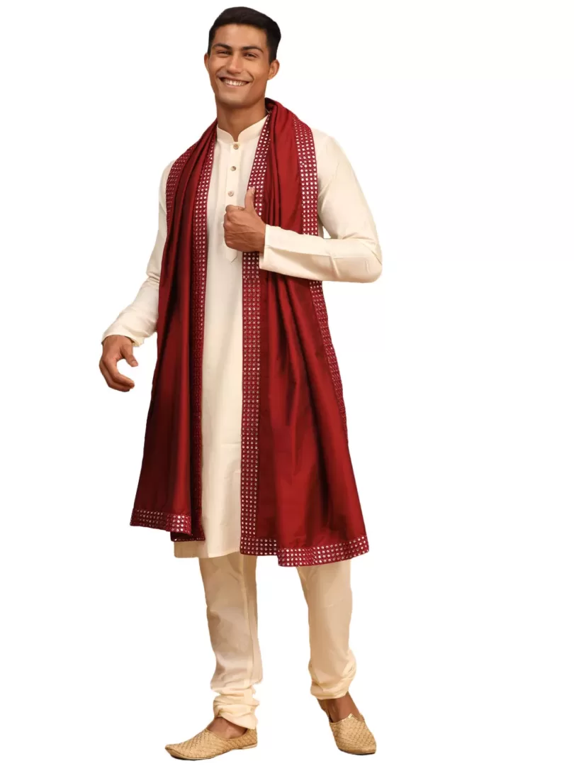 Men's Cream Viscose Kurta, Pyjama & Dupatta Set