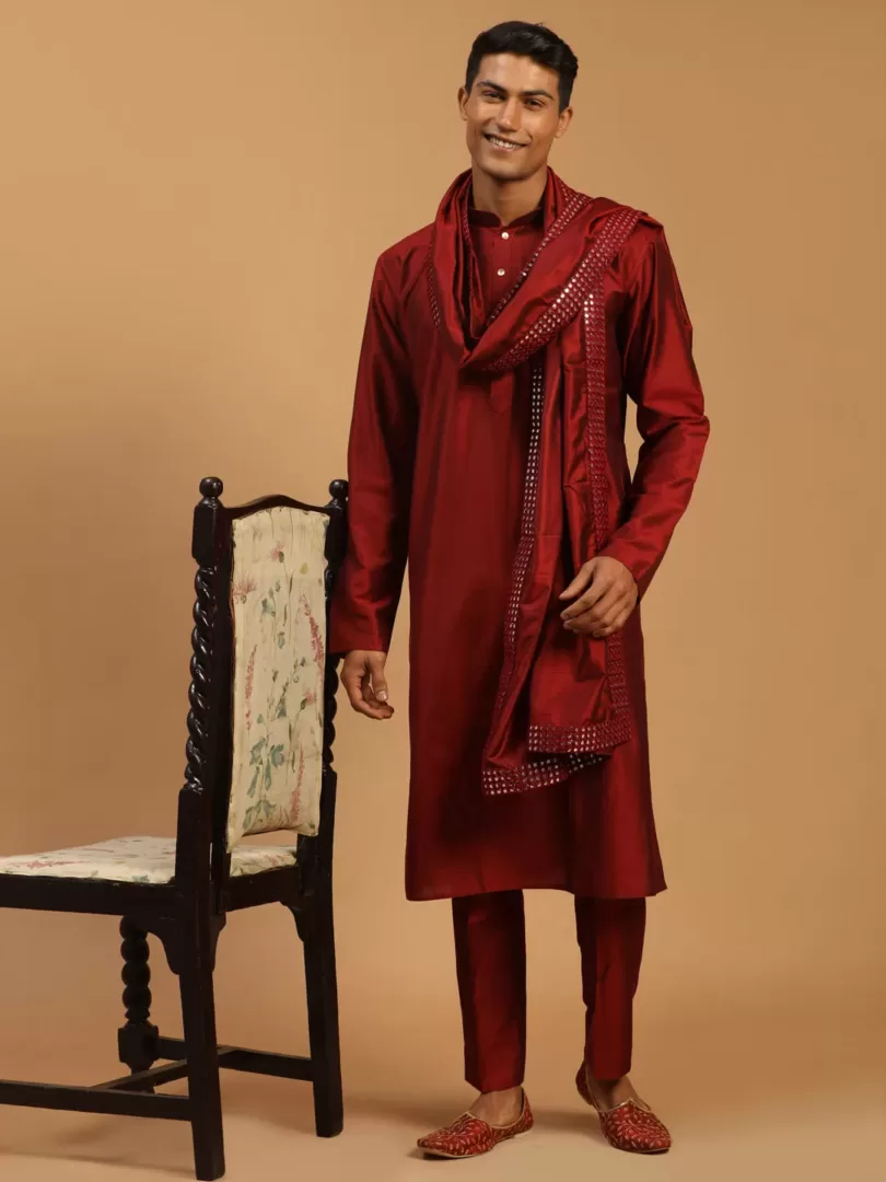 Men's Maroon Viscose Kurta, Pyjama & Dupatta Set