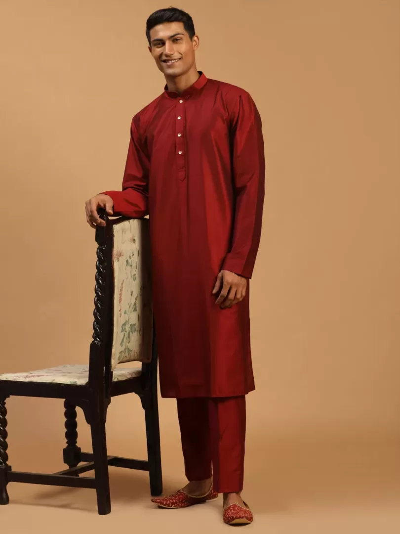 Men's Maroon Viscose Kurta, Pyjama & Dupatta Set