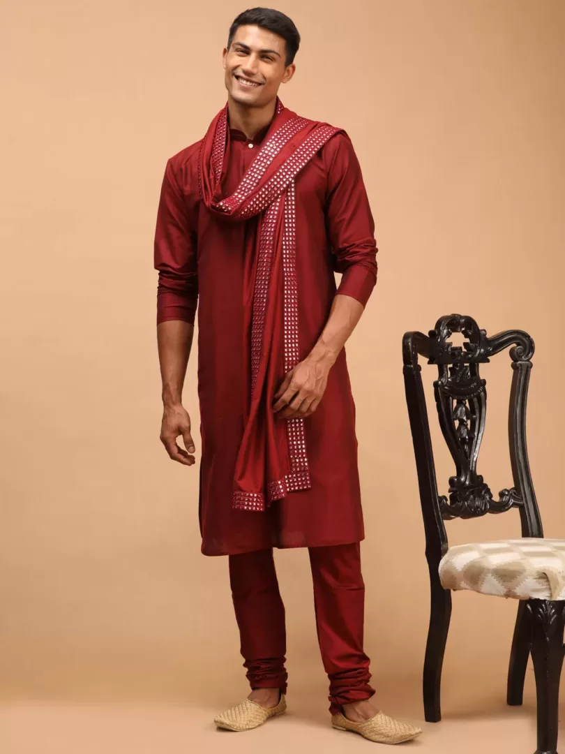 Men's Maroon Viscose Kurta, Pyjama & Dupatta Set