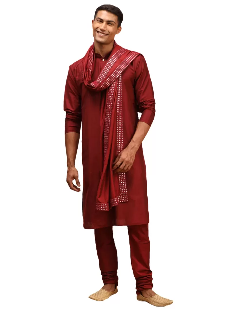 Men's Maroon Viscose Kurta, Pyjama & Dupatta Set