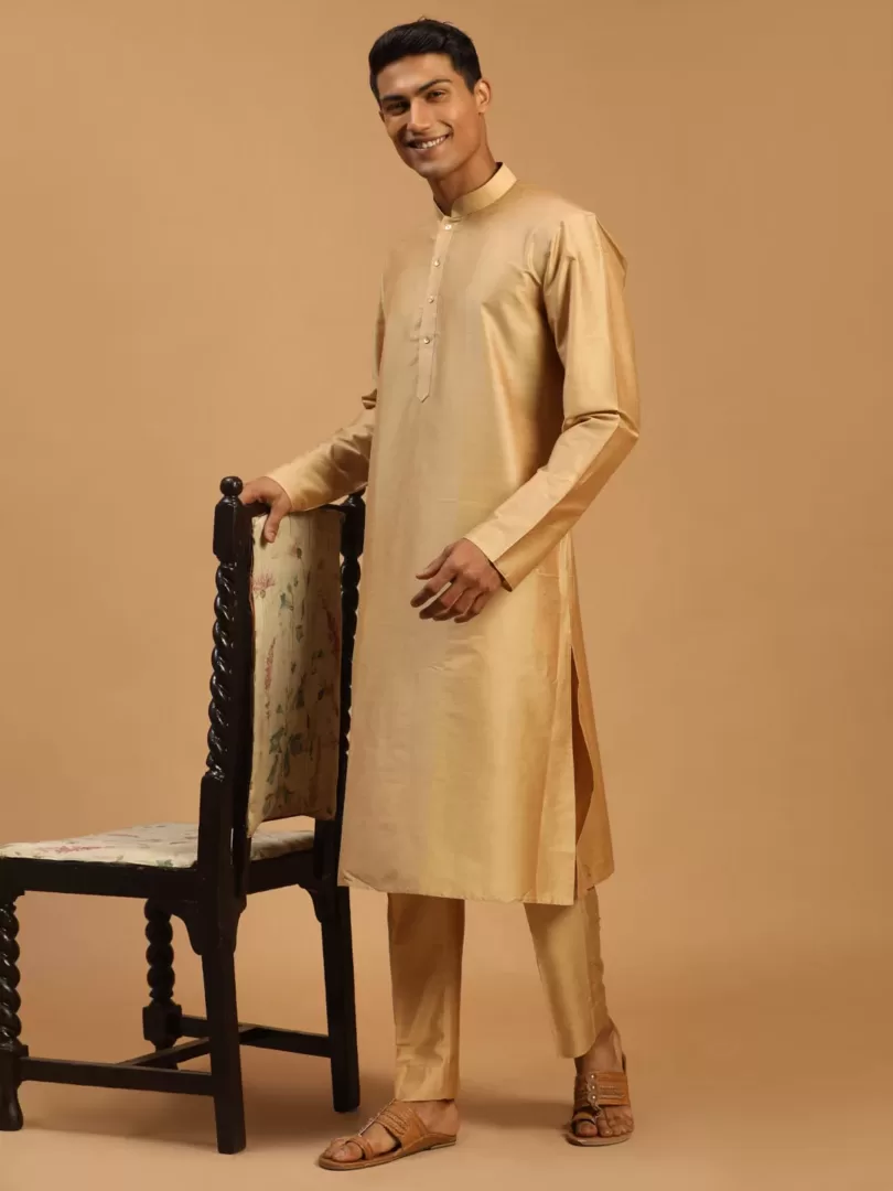 Men's Rose Gold And Black Viscose Kurta, Pyjama & Dupatta Set