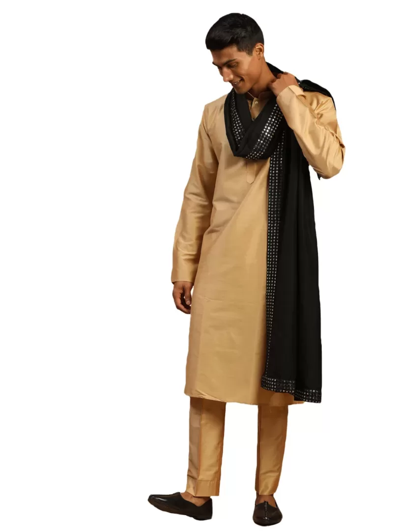 Men's Rose Gold And Black Viscose Kurta, Pyjama & Dupatta Set