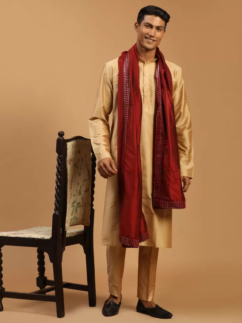 Men's Rose Gold And Maroon Viscose Kurta, Pyjama & Dupatta Set