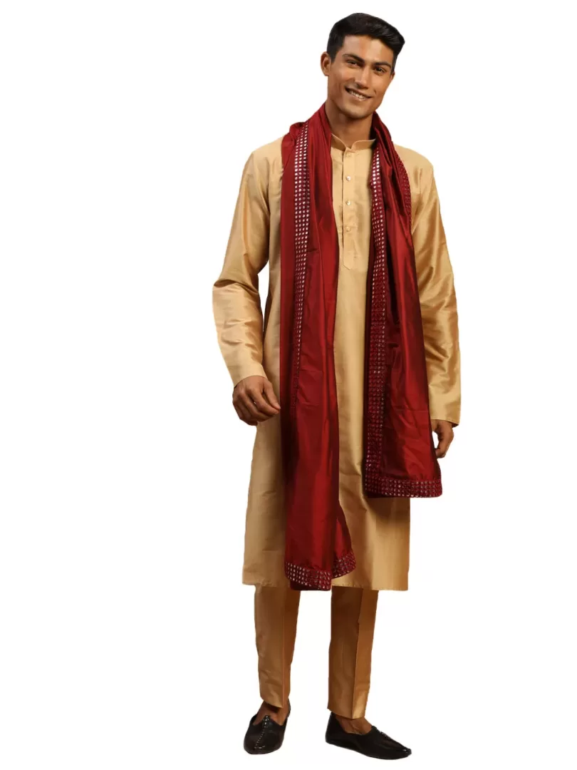 Men's Rose Gold And Maroon Viscose Kurta, Pyjama & Dupatta Set