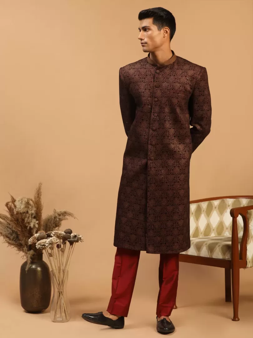 Men's Maroon Silk Blend Sherwani Set