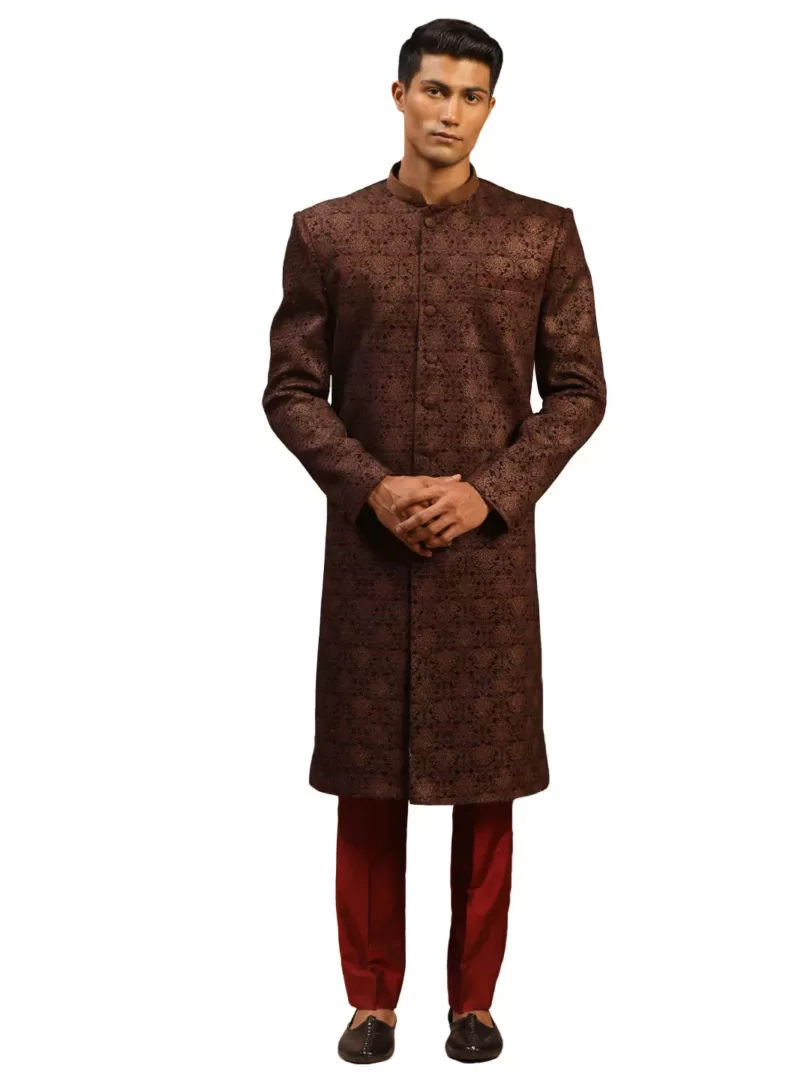 Men's Maroon Silk Blend Sherwani Set