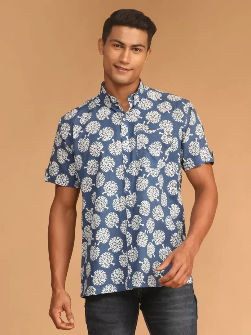 Men's Blue Cotton Ethnic Shirt