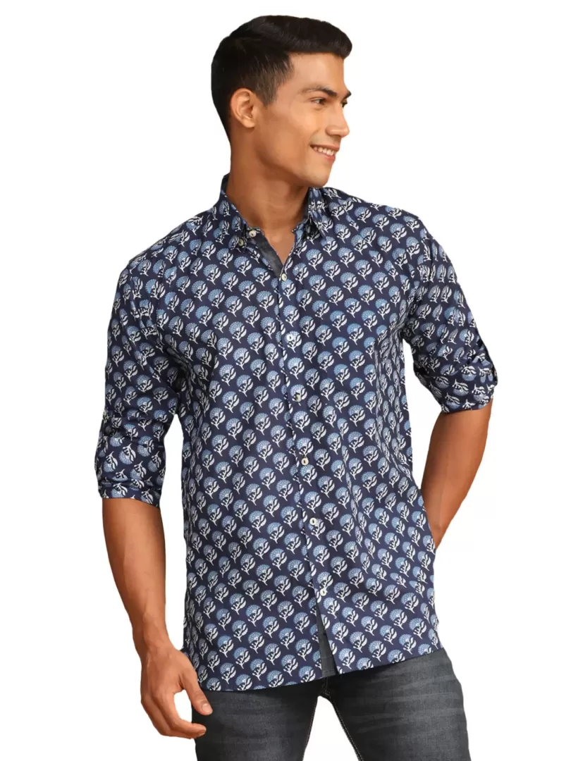 Men's Blue Cotton Blend Ethnic Shirt