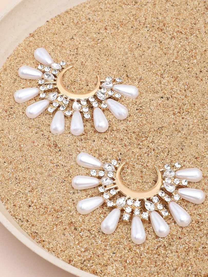 Gold Plated Party Designer Stone and Pearls Stud For Women