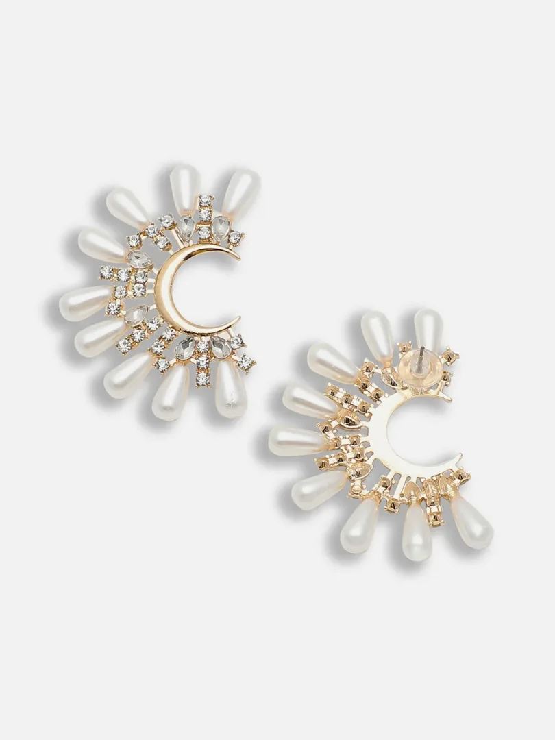Gold Plated Party Designer Stone and Pearls Stud For Women