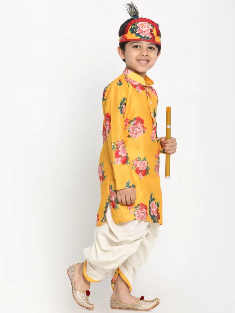 Boys' Multicolor-Base-Yellow Cotton Blend Kurta and Dhoti Set