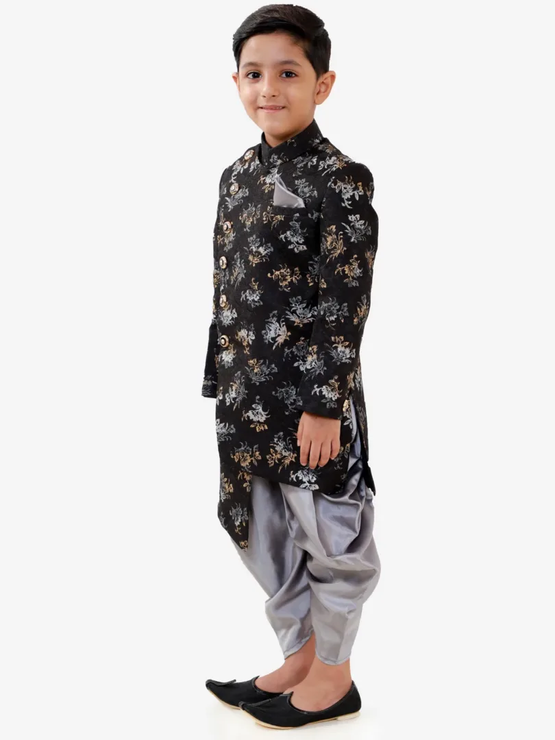 Boys' Black And Grey Silk Blend Indowestern Sherwani And Dhoti Set