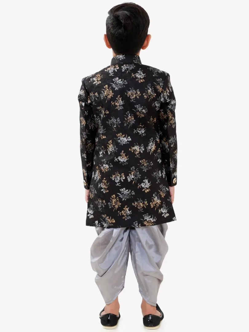 Boys' Black And Grey Silk Blend Indowestern Sherwani And Dhoti Set