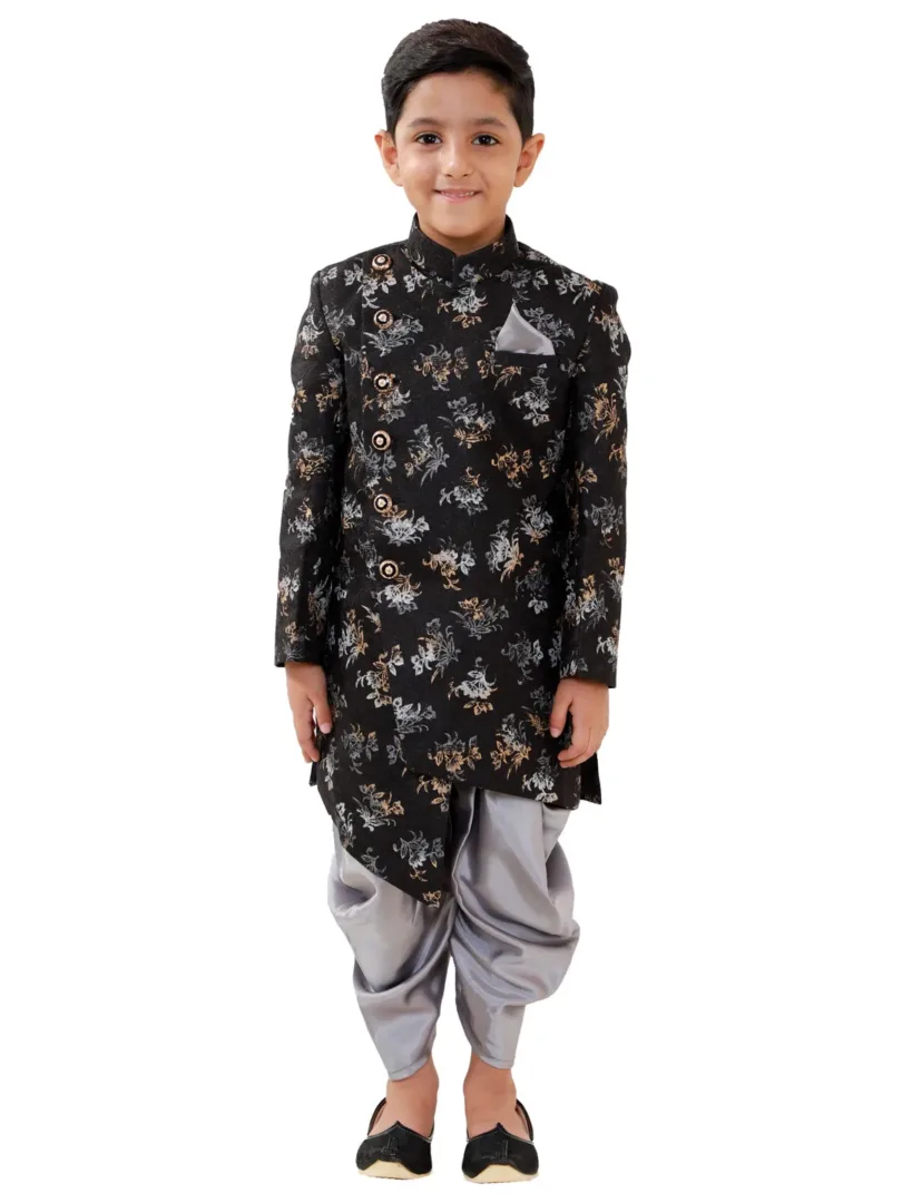 Boys' Black And Grey Silk Blend Indowestern Sherwani And Dhoti Set