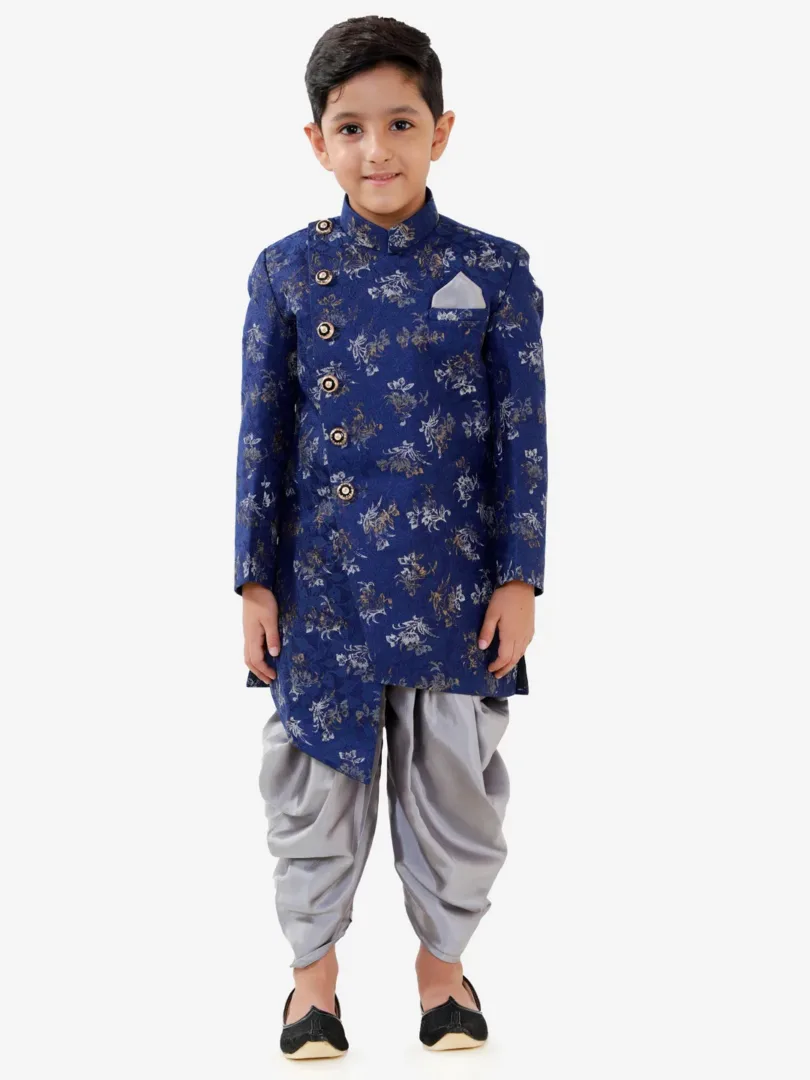 Boys' Blue And Grey Silk Blend Indowestern Sherwani And Dhoti Set