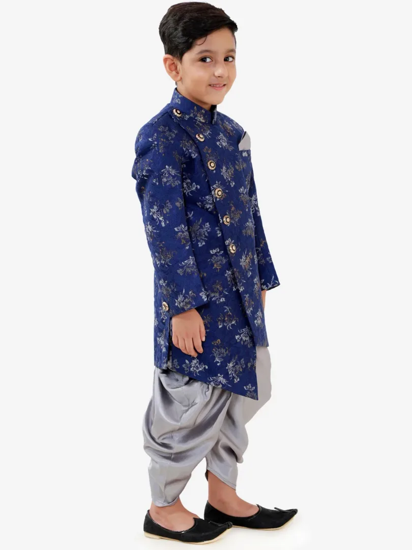 Boys' Blue And Grey Silk Blend Indowestern Sherwani And Dhoti Set