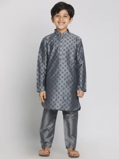 Boys' Grey Cotton Blend Kurta Pyjama Set