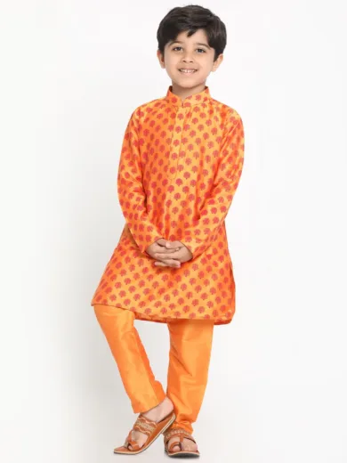 Boys' Orange Cotton Blend Kurta Pyjama Set