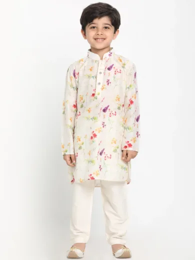 Boys' Multicolor-Base-Cream Cotton Blend Kurta Pyjama Set