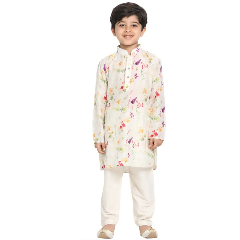 Boys' Multicolor-Base-Cream Cotton Blend Kurta Pyjama Set