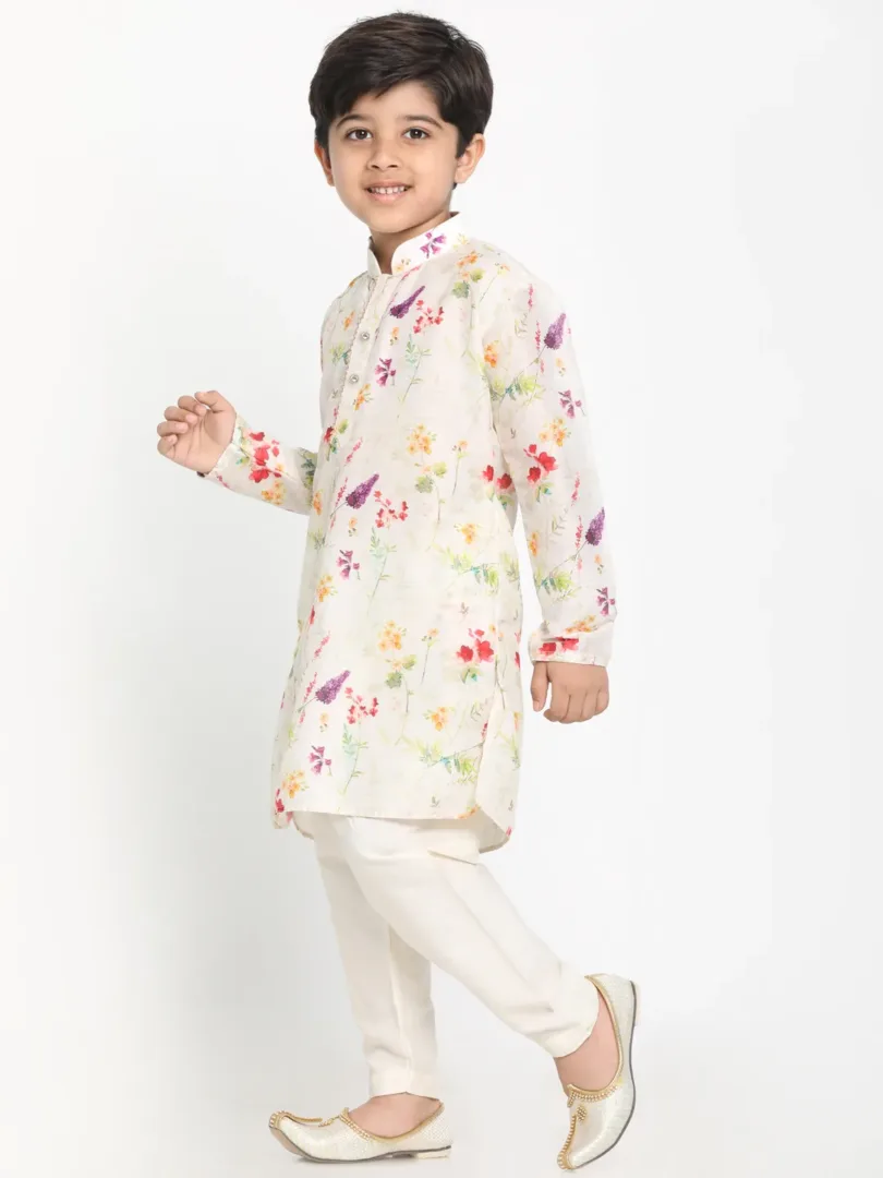 Boys' Multicolor-Base-Cream Cotton Blend Kurta Pyjama Set