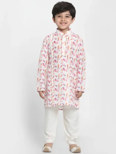 Boys' Multicolor-Base-White Cotton Blend Kurta Pyjama Set