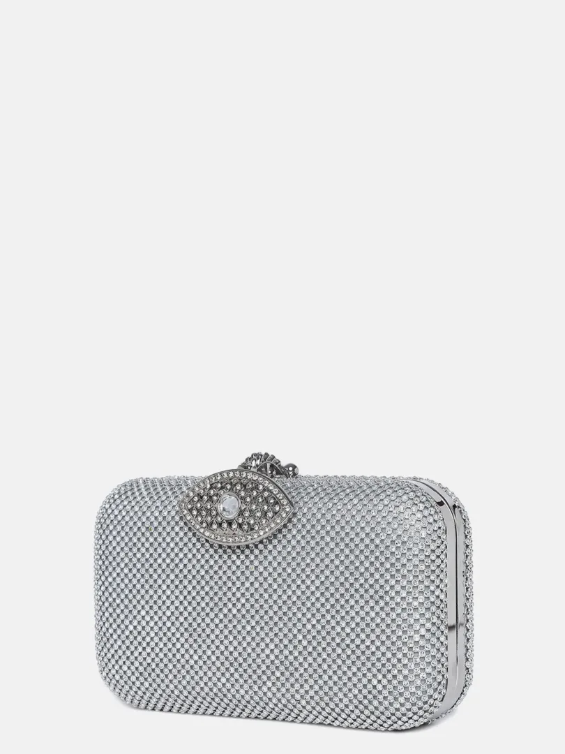 Textured Push Lock Clutch Bag with Chain Strap