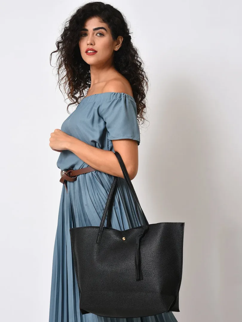 Textured Oversized Shopper Tote Bag with Button Lock