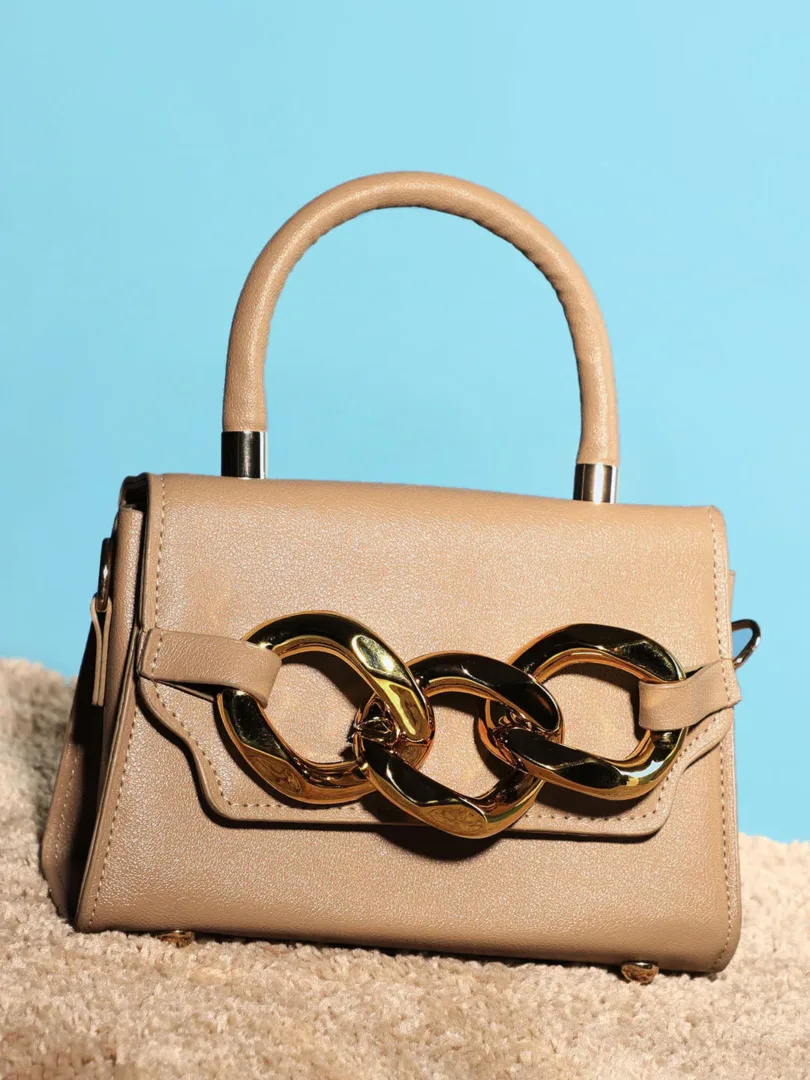 Textured Magnet Lock Hand Bag with Chain detail