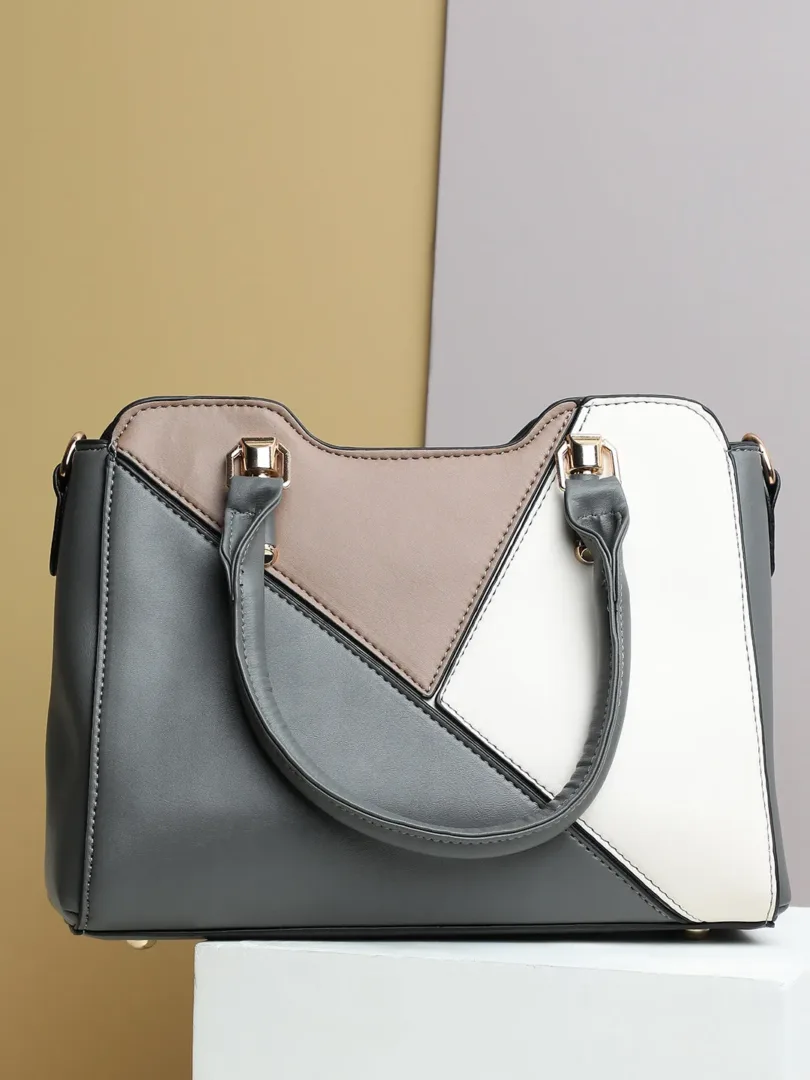 Colour block Casual PU Leather Regular Hand Bag with Zip Lock For Women