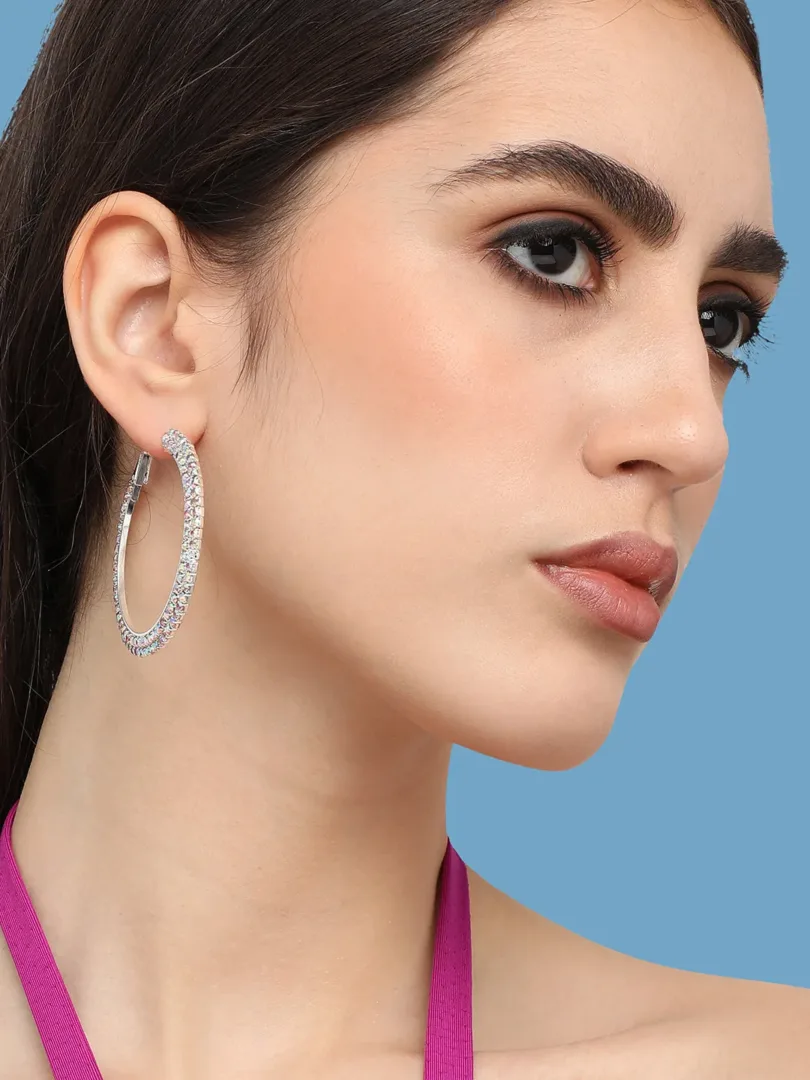 Silver Plated Designer Stone Party Hoop Earring For Women