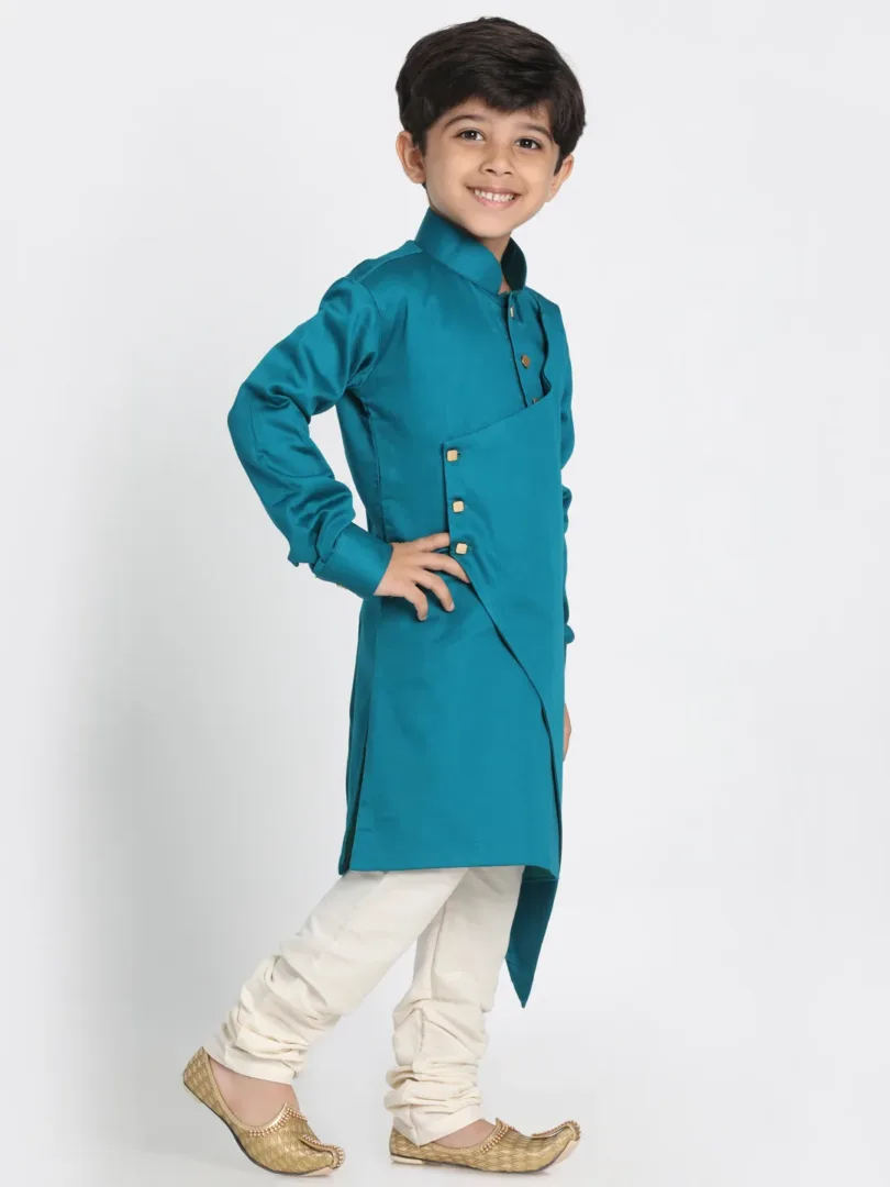 Boys' Rama and Cream Cotton Satin Blend Kurta Pyjama Set