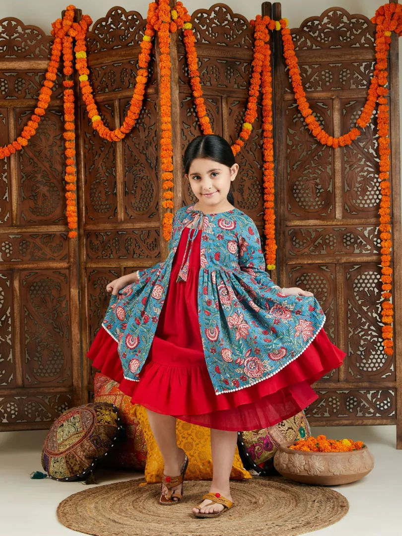 Girls' Red And Blue Anarkali