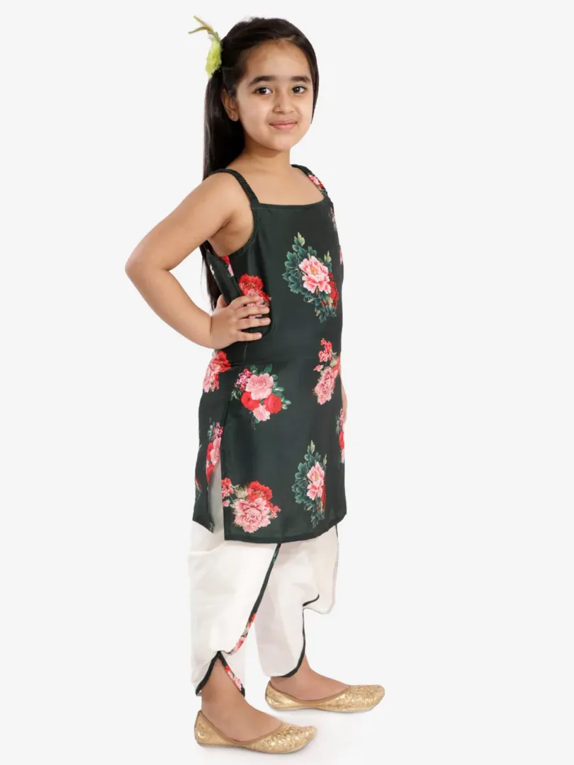 Multicolor-Base-Green Boy'Scotton Blend Kurta And Dhoti Set & Girls' Floral Printed Cotton Silk Kurta And Tulip Pants