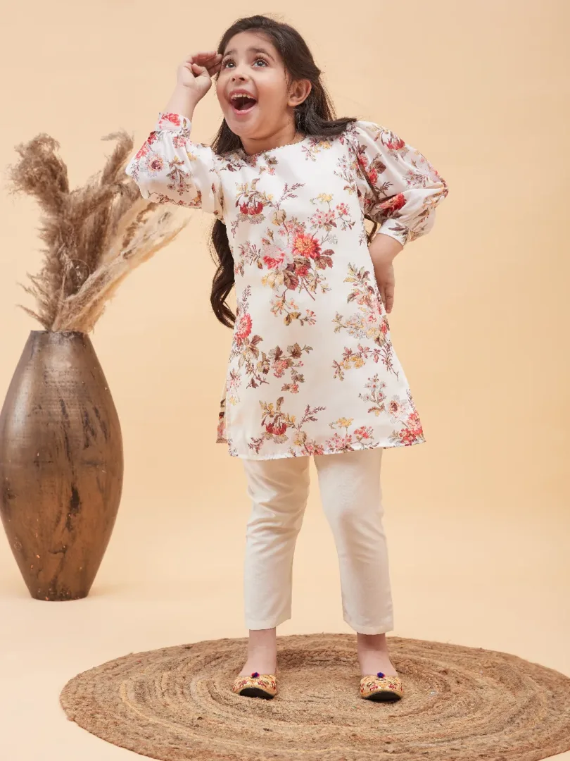 Girls Cream Kurta And Pant Set