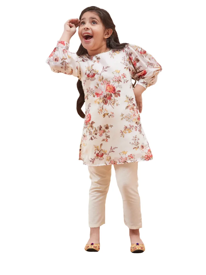 Girls Cream Kurta And Pant Set