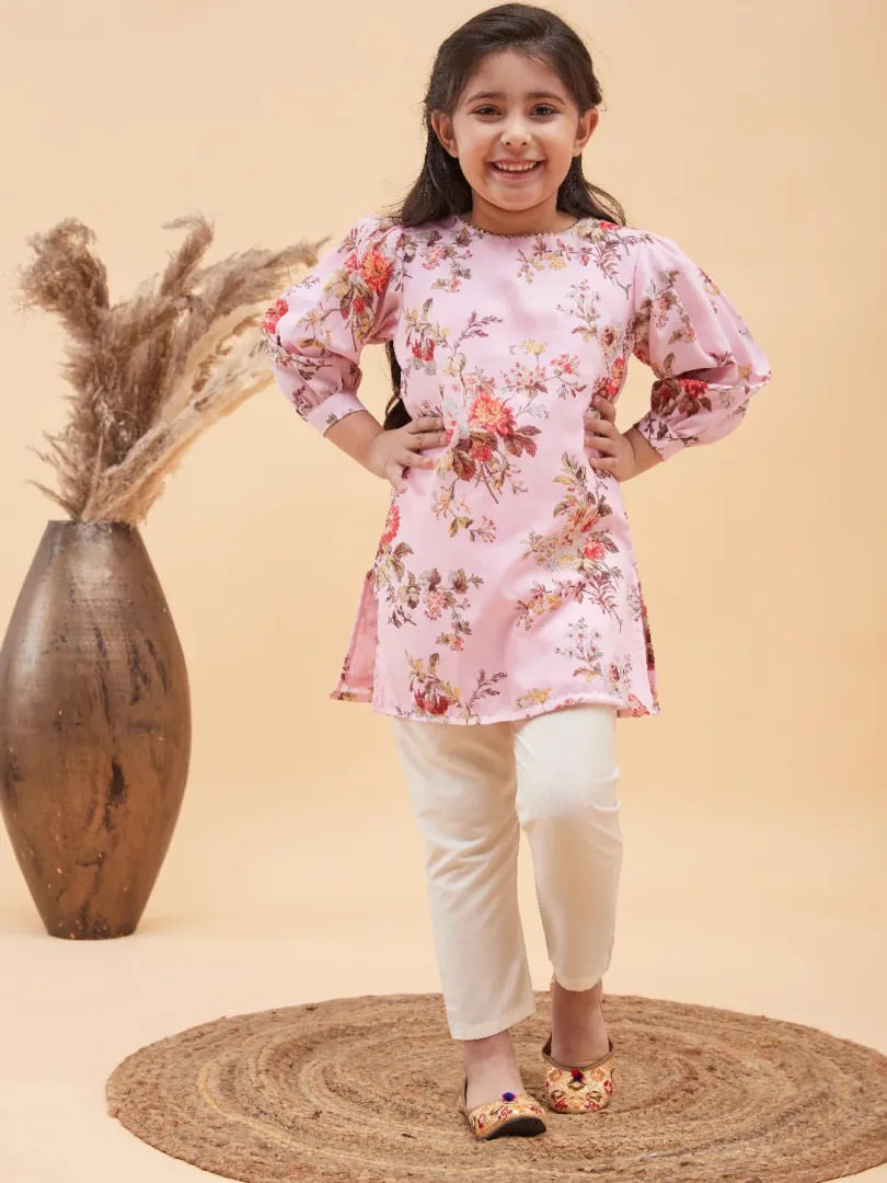 Girls Pink And Cream Kurta And Pant Set