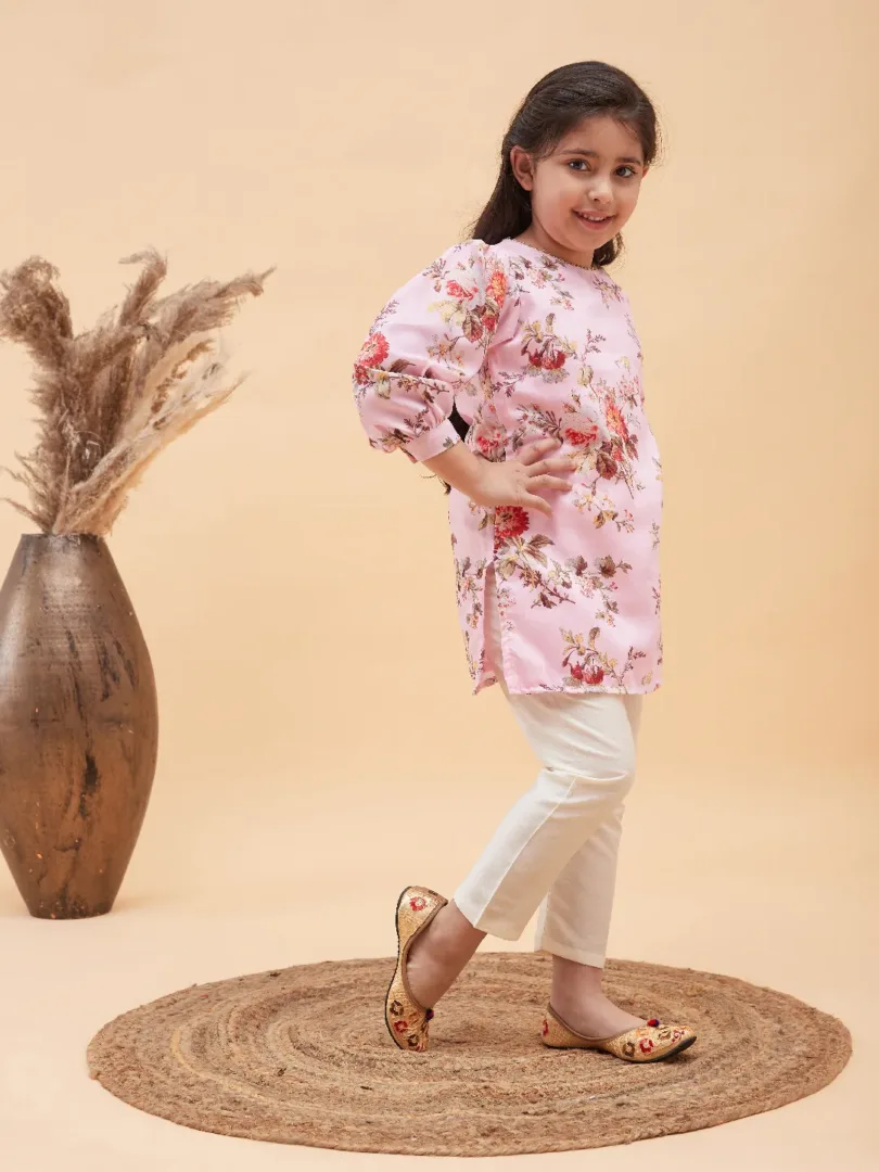 Girls Pink And Cream Kurta And Pant Set