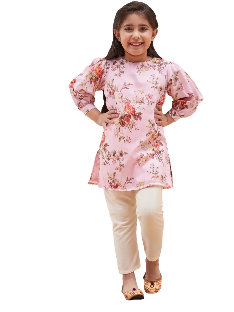 Girls Pink And Cream Kurta And Pant Set