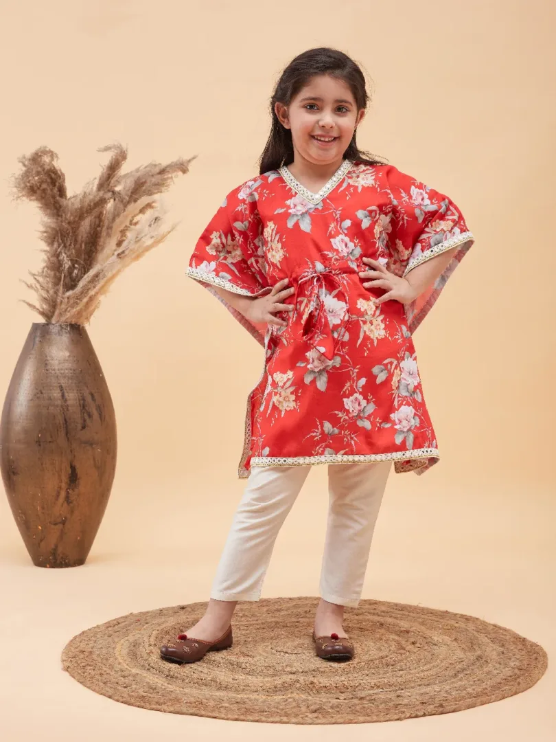 Girls Red And Cream Kaftan And Pant Set