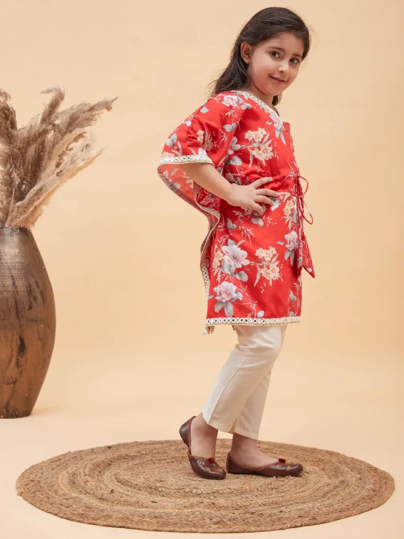 Girls Red And Cream Kaftan And Pant Set