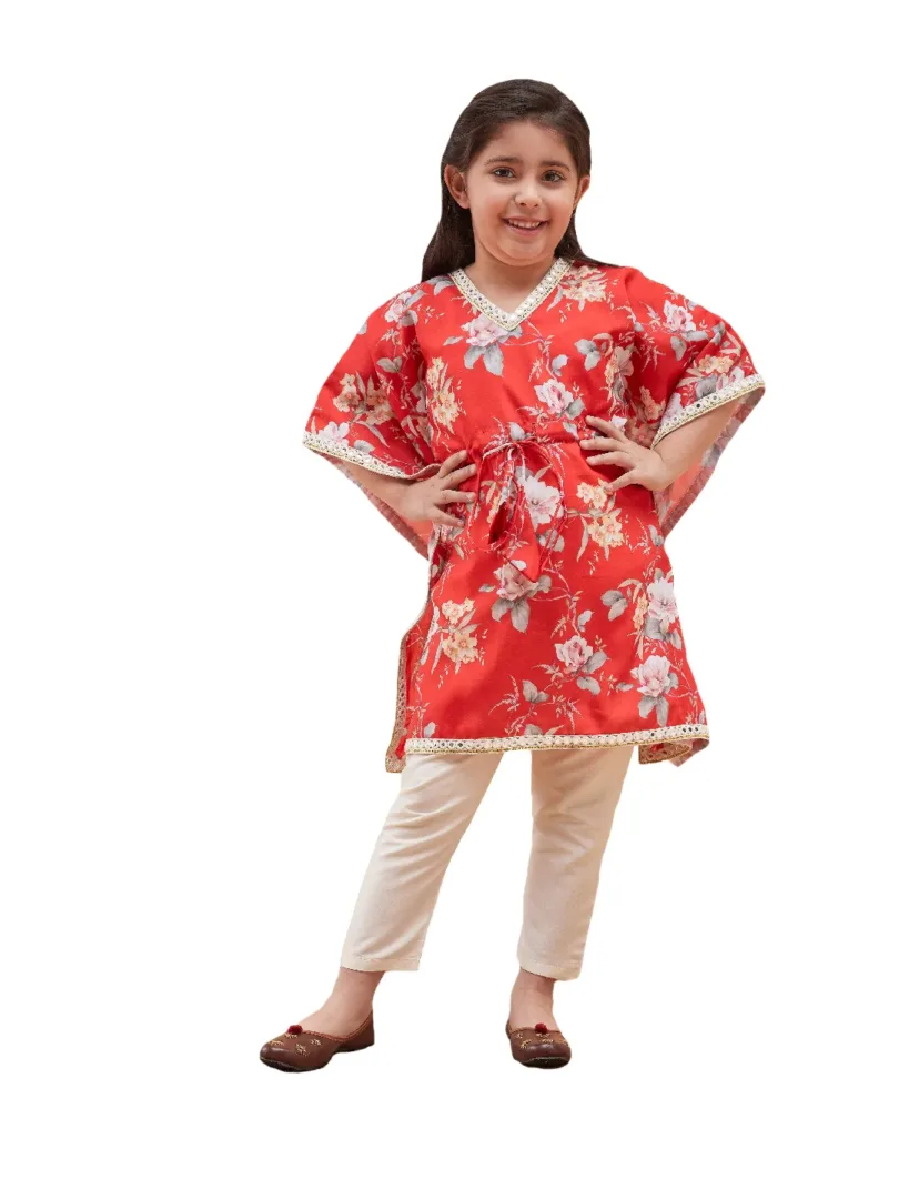 Girls Red And Cream Kaftan And Pant Set