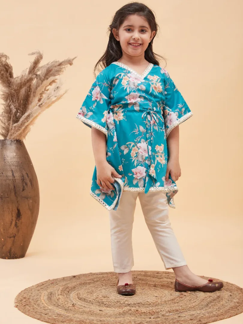 Girls Turquoise And Cream Kaftan And Pant Set