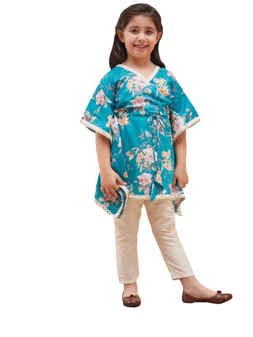 Girls Turquoise And Cream Kaftan And Pant Set