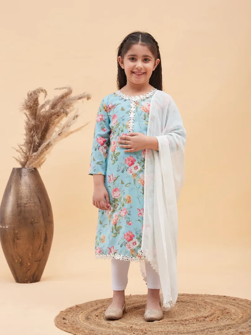 Girls Aqua And White Kurta, Leggings & Dupatta Set