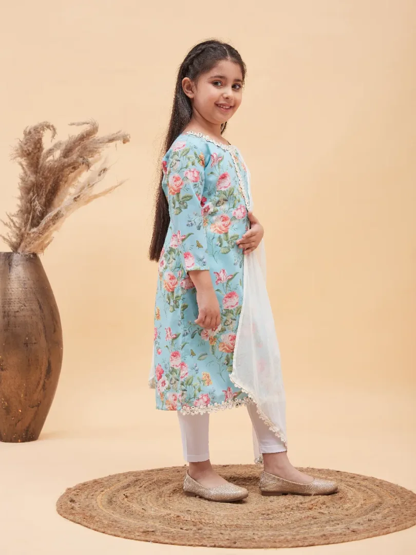 Girls Aqua And White Kurta, Leggings & Dupatta Set