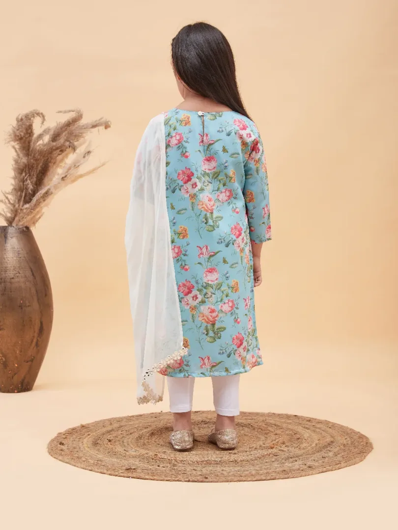 Girls Aqua And White Kurta, Leggings & Dupatta Set