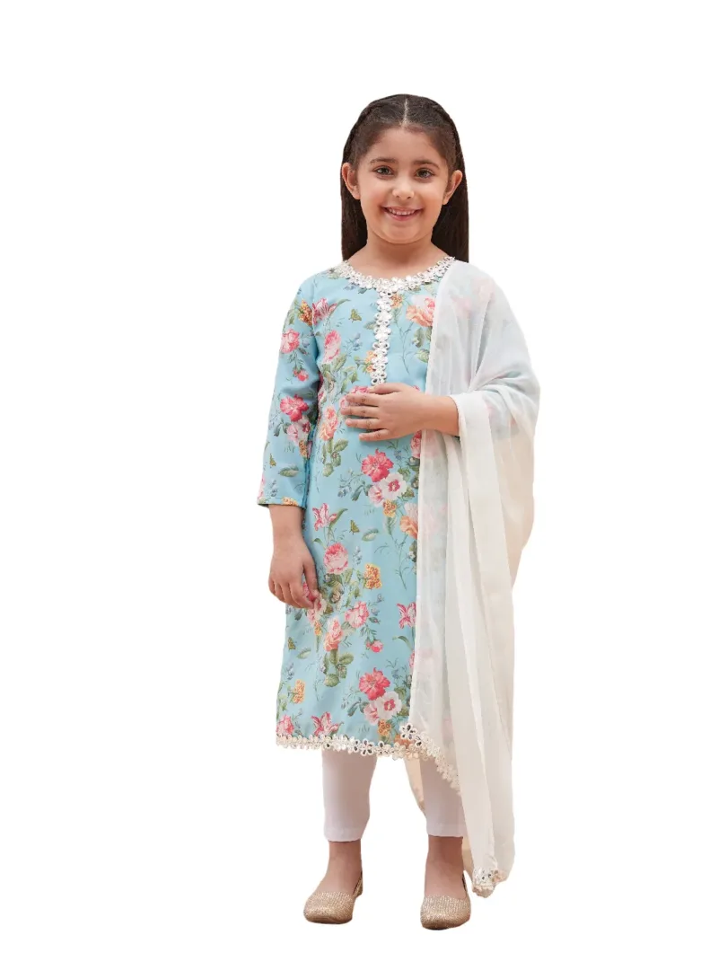 Girls Aqua And White Kurta, Leggings & Dupatta Set